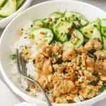 Peanut Chicken Bowls with cucumber salad and rice