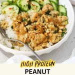 Peanut chicken bowls with ground chicken, jasmine rice, cucumber salad, and peanut sauce
