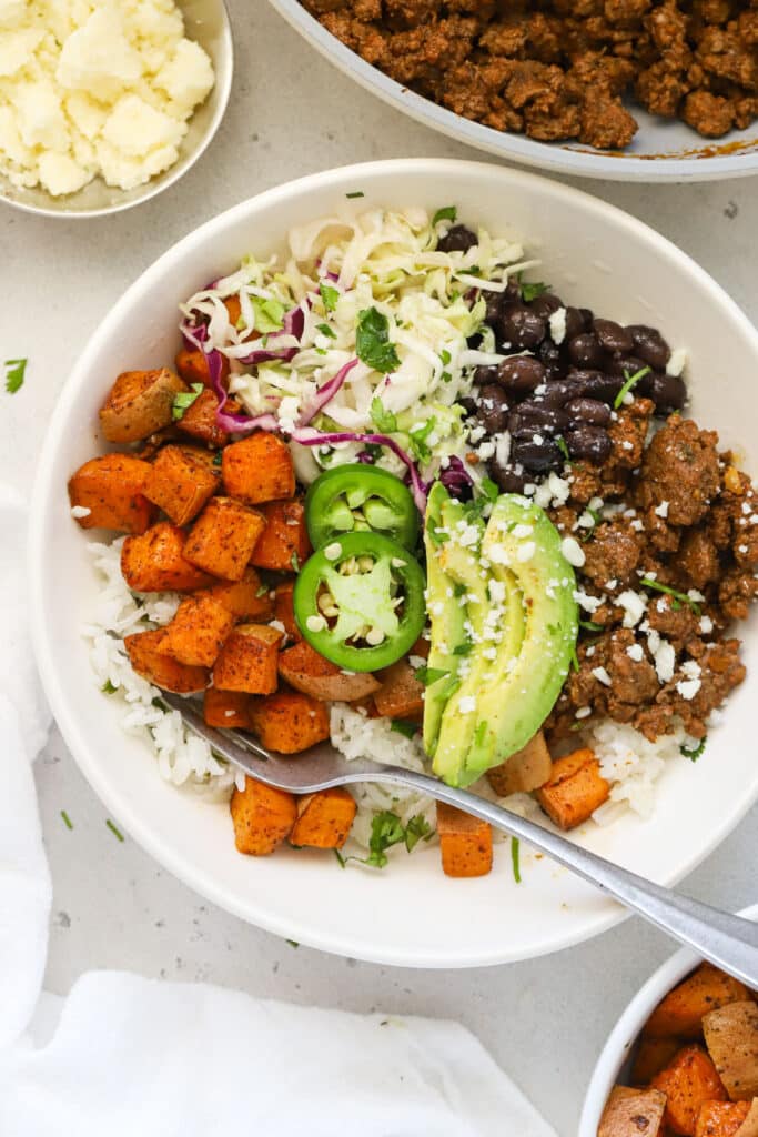 Ground Beef and Sweet Potato Burrito Bowls with Avocado and Black Beans