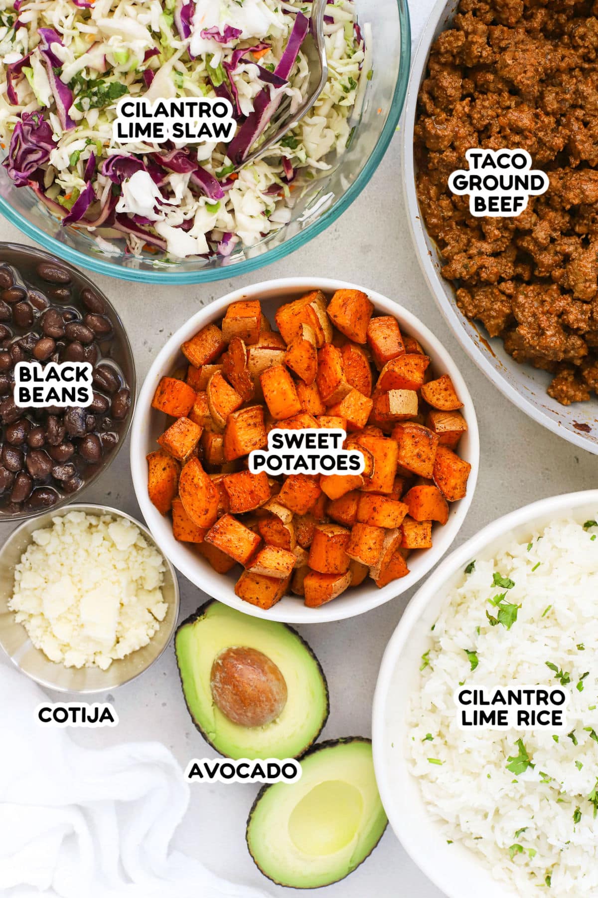 Ingredients for ground beef and sweet potato burrito bowls