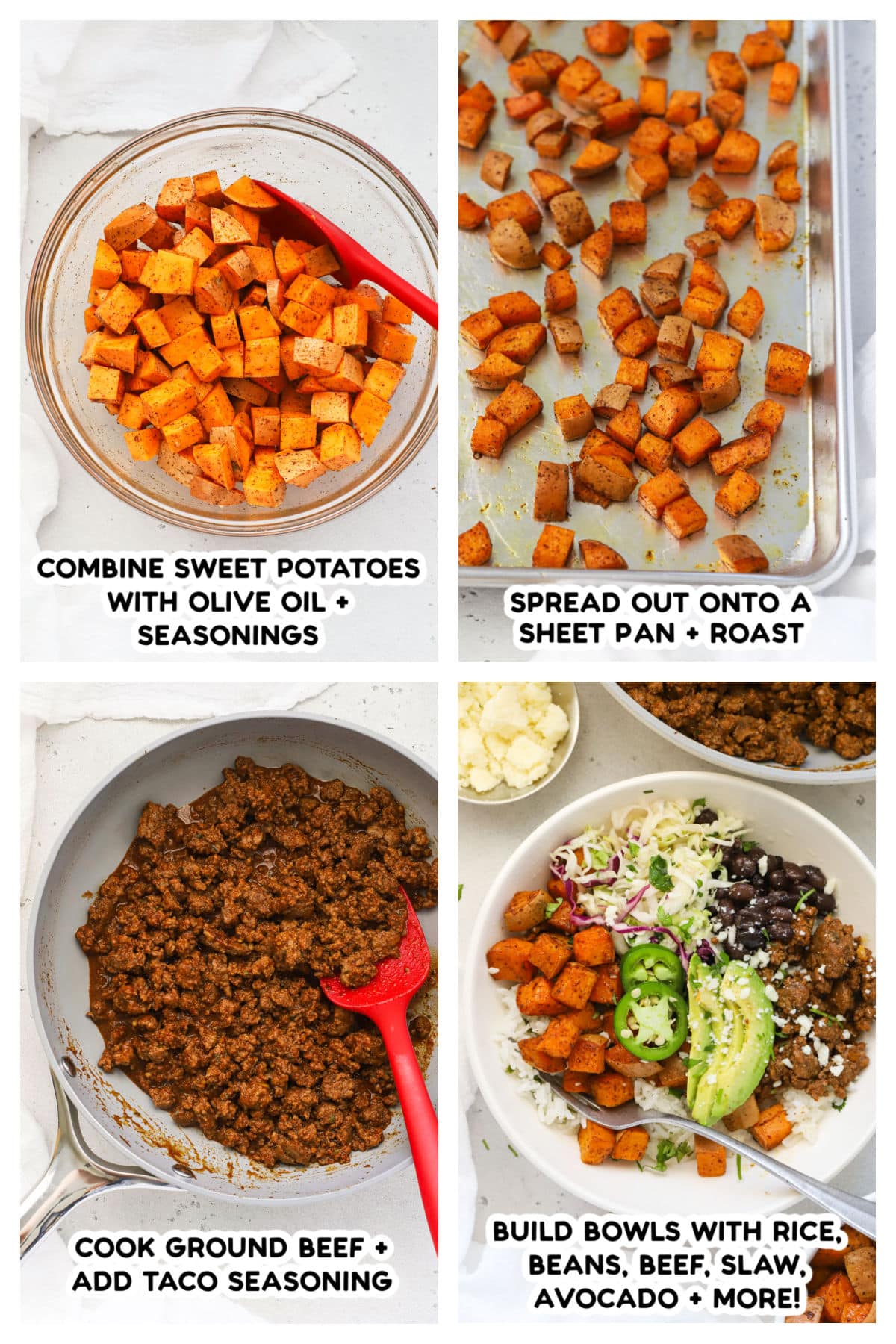 Making ground beef and sweet potato burrito bowls, step by step
