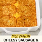 Hash brown patty egg bake in a white casserole dish