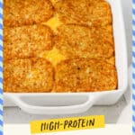 Hash brown patty egg bake in a white casserole dish