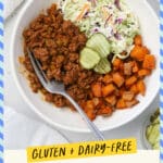 Sweet potato sloppy joe bowls with coleslaw and pickles