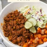Sweet potato sloppy joe bowls with coleslaw and pickles