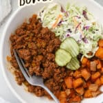 Sweet potato sloppy joe bowls with coleslaw and pickles
