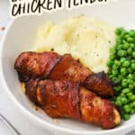 A plate of bacon-wrapped chicken tenders with mashed potatoes and peas
