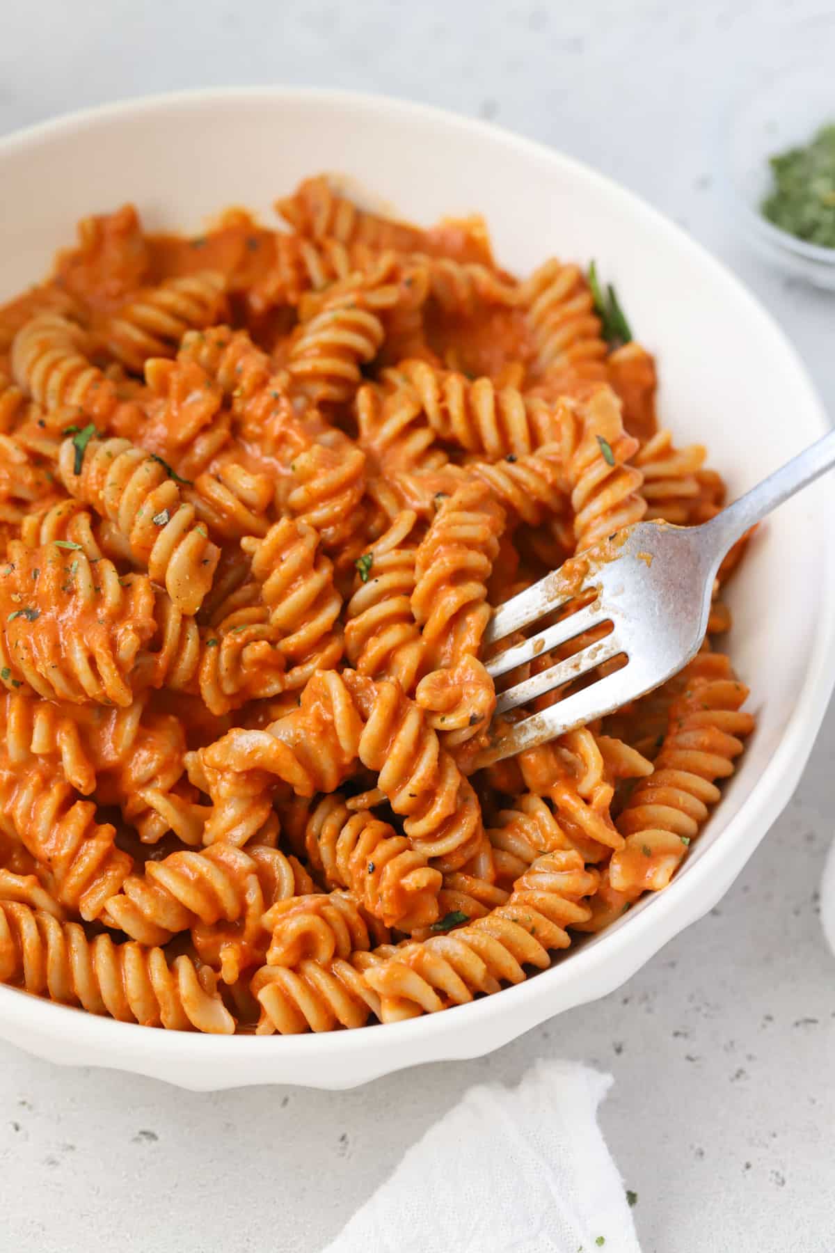 A bowl of creamy tomato pasta