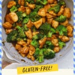 Skillet of chicken broccoli stir fry