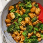 Skillet of chicken broccoli stir fry