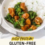 A bowl of chicken and broccoli stir fry over rice