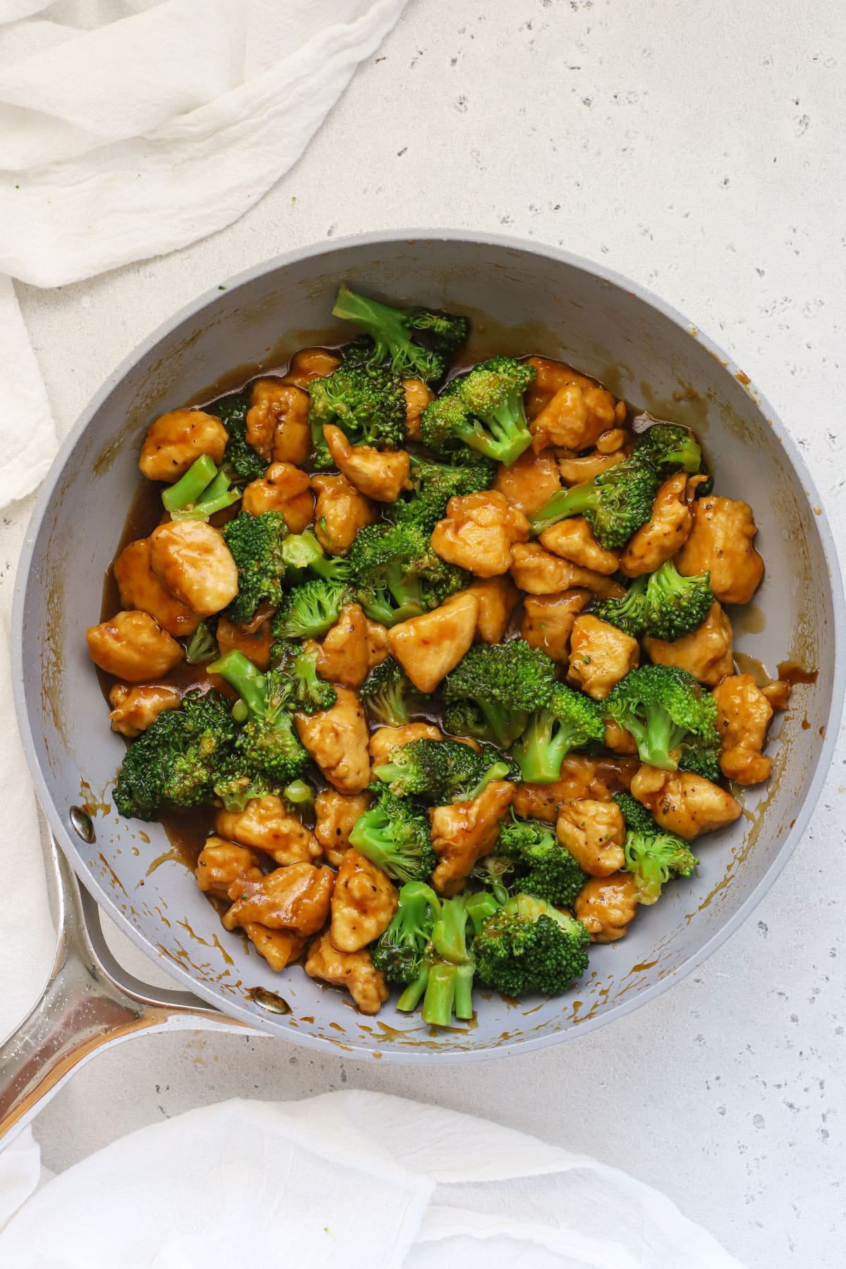 Skillet of chicken broccoli stir fry