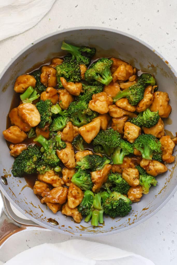Skillet of chicken broccoli stir fry