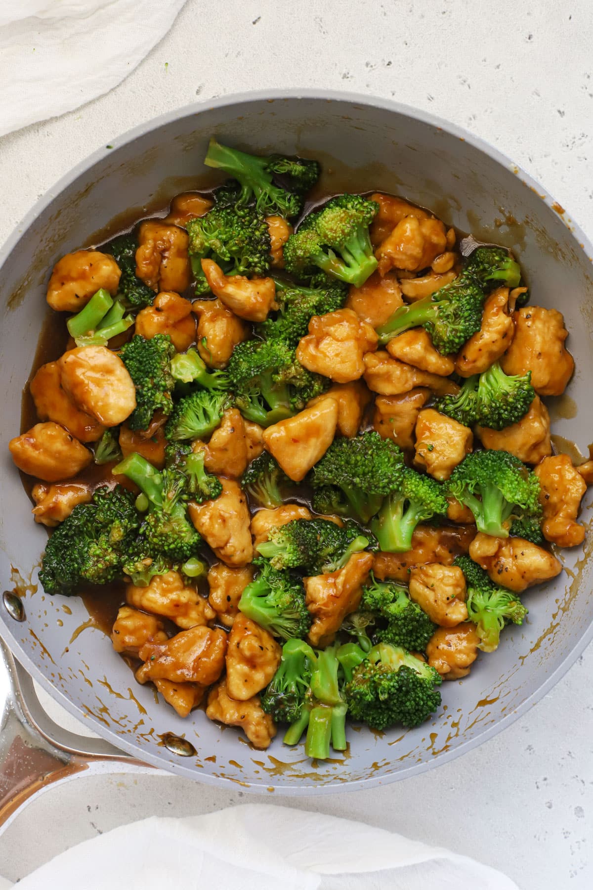 Skillet of chicken broccoli stir fry