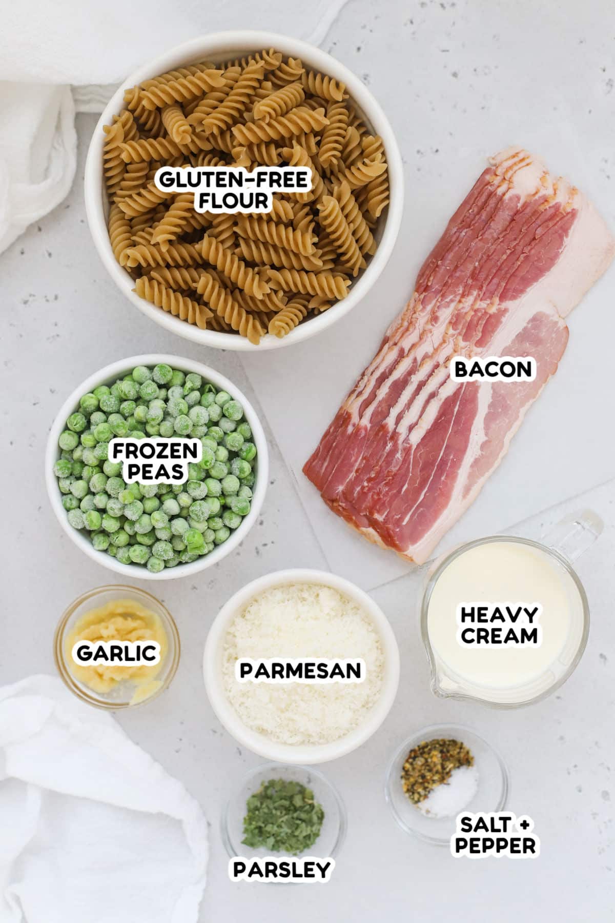 Ingredients for parmesan pasta with bacon and peas
