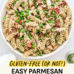 A bowl of parmesan pasta with peas and bacon