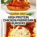 Chicken parmesan burgers in a baking dish and on top of a garlic bread bun