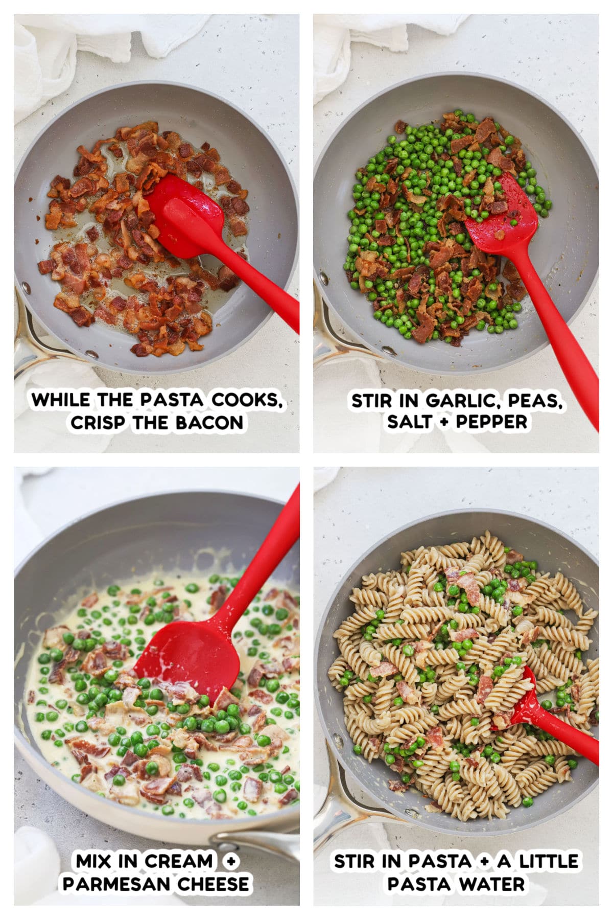 Making parmesan pasta with peas and bacon, step by step