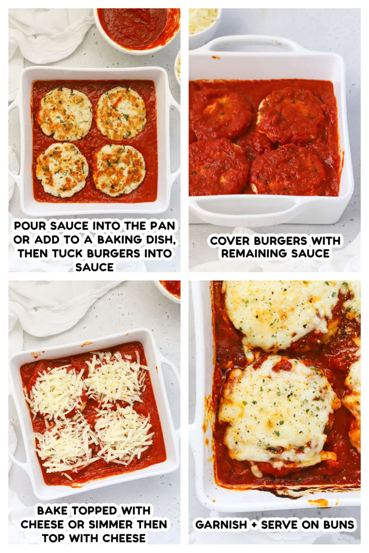 Placing chicken parmesan burgers in marinara, topping with cheese, and baking them, step by step